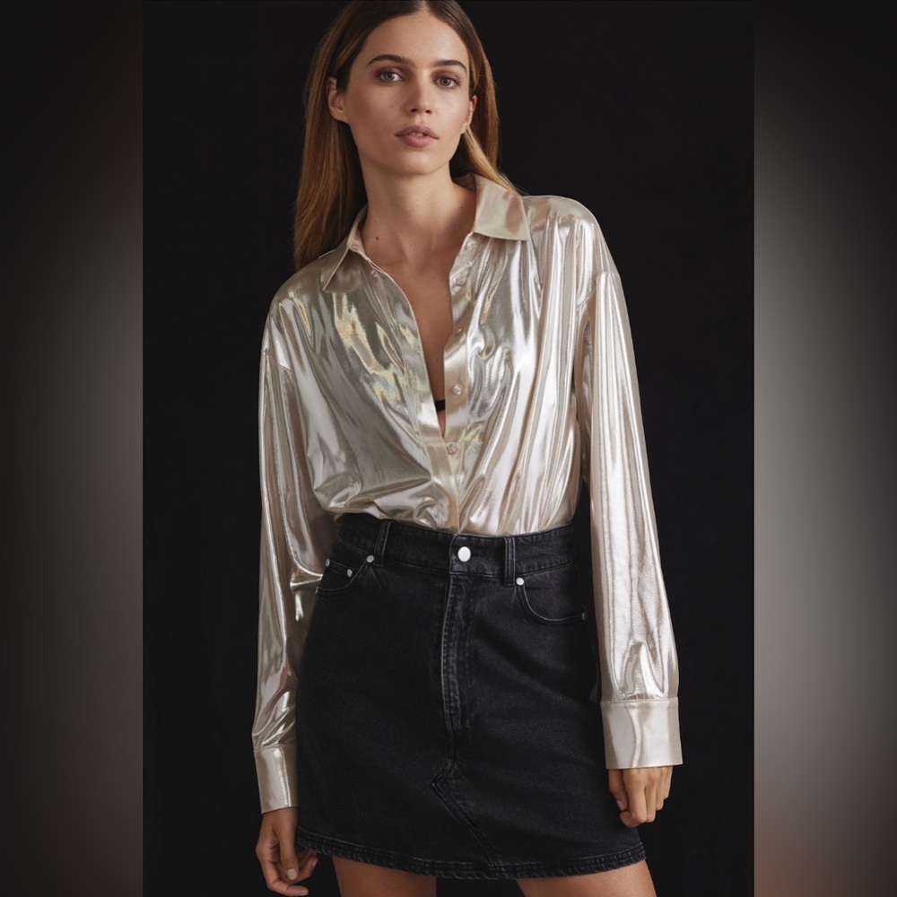 NWOT Anthropologie XXS Petite liquid shine button down shirt never worn